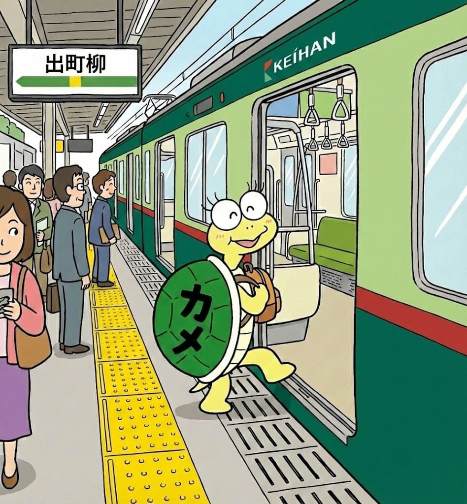 亀丸地下鉄に乗る画像