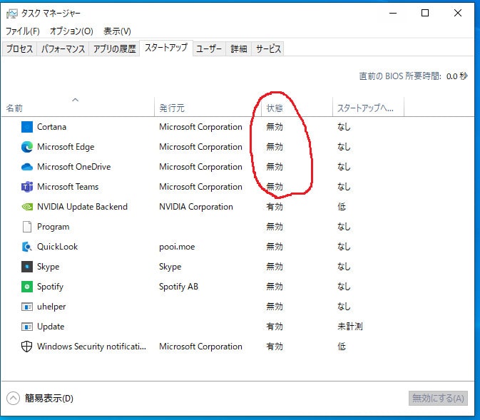 スタートアッププログラムの設定の画面